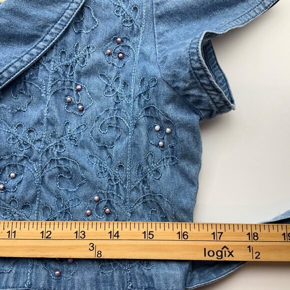 VTG Karin Steven Small Embroidered Denim Maxi Dress Peter Pan Collar Cottage - Picture 5 of 15